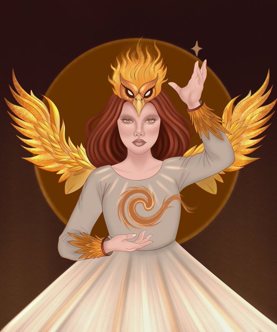 A woman with golden phoenix wings and a fiery bird mask strikes a graceful pose against a glowing amber halo, evoking themes of rebirth and transformation. The phoenix imagery mirrors the post's message about beginning a new chapter and rising anew, even when surrounded by circumstances beyond one's control.