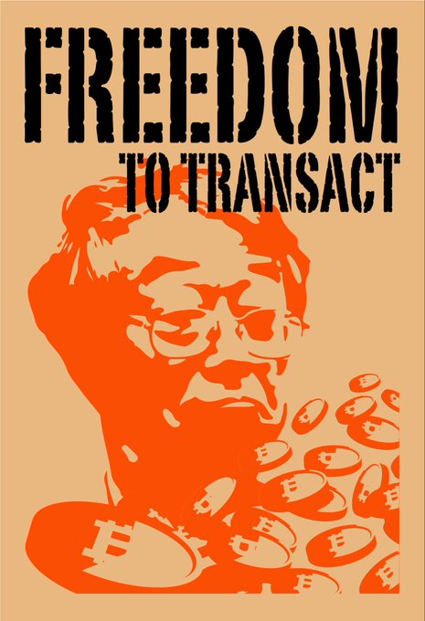 The image features a poster with an orange face and glasses, possibly depicting a man or woman wearing glasses. The poster has the text "FREEDOM TO TRANSPORT" written above the face. Below this, there are several coins scattered around the poster in various sizes. The overall theme of the poster seems to be related to cryptocurrency or digital currency, as it features an image of a person with money symbols and the phrase "FREEDOM TO TRANSPORT."