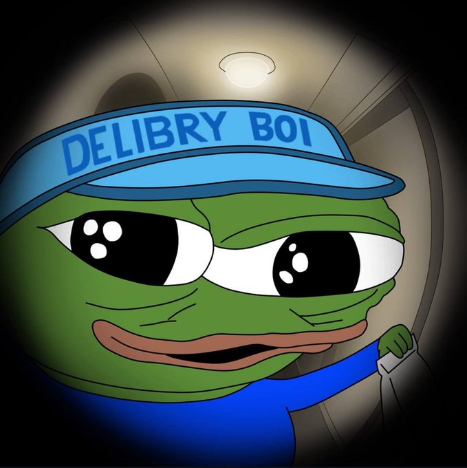 A 'Sad Pepe the Frog' meme wearing a blue 'DELIBRY BOI' visor stands in a dimly lit hallway.