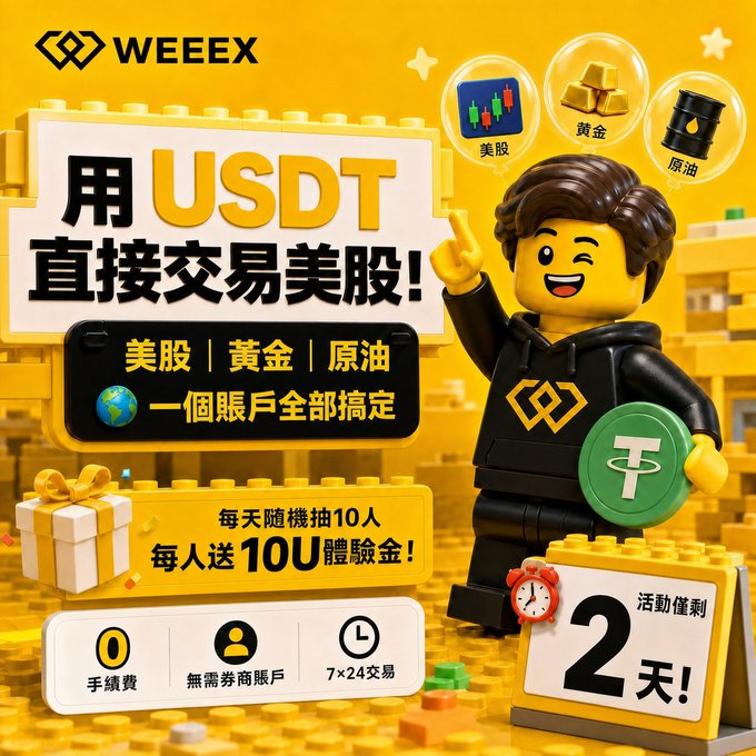 The image features a cartoon illustration of a man wearing a black hoodie, holding up his hand with a peace sign while standing next to a yellow brick wall. The background includes various objects such as a clock, a globe, and a toy car. The text in the image is written in Chinese and reads "大時候玩樂高:搭倉位美股、黃金、原油", which translates to "This year, we will have a great time". The image also includes a postcard with the text "大時候玩樂高:搭倉位美股、黃金、原油", and an app called "WEEX.tech:8106/t/HCA 丸".