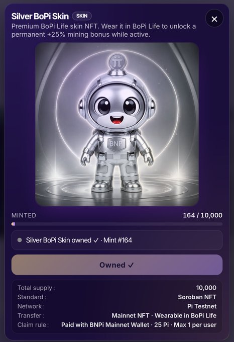 A digital collectible card displays a 'Silver BoPi Skin' NFT, a chrome robot character that provides a +25% mining bonus in BoPi Life, with 164 of 10,000 minted.