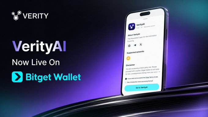 The image is a promotional graphic featuring the "VERITY" logo in the top left corner and the text "VerityAI Now Live On Bitget Wallet," with the Bitget Wallet logo, indicating the announcement that VerityAI is now integrated with Bitget Wallet. On the right side, a smartphone displays the Bitget Wallet app showing a VerityAI page with a purple "V" logo, sections titled "About VerityAI," "Supported networks," and a "Disclaimer," along with a blue "Go to VerityAI" button at the bottom, visually reinforcing the post's message about accessing VerityAI's Signal Explorer directly within Bitget Wallet with one tap.