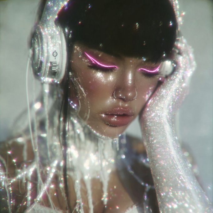 An ethereal, glittery fashion portrait of a woman wearing headphones and a sheer sparkling glove, featuring dramatic neon pink eyeliner and glowing, prismatic light effects covering her skin.