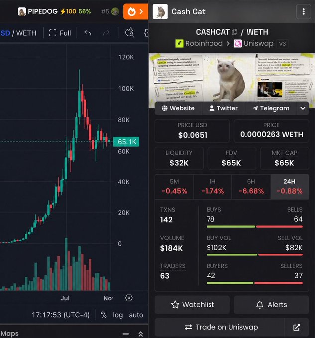 The image shows a screenshot of PIPEDOG and Cash Cat ($CASHCAT) trading data, with the Cash Cat token displayed at a price of $0.0651 and a market cap of $65K on Uniswap V3 via Robinhood, alongside a candlestick chart showing PIPEDOG trading around 65.1K. The image relates to the post by highlighting that the user called $CASHCAT at the 65K market cap level shown, framing it as a successful "generational" call to promote their Telegram channel.