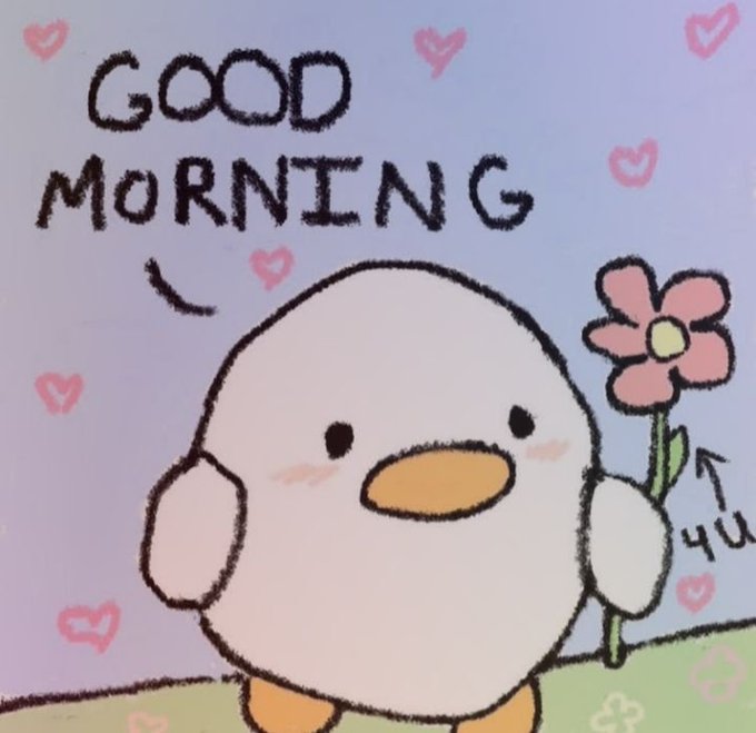 A cute cartoon illustration of a round white duck/character holding a pink flower, with the text "GOOD MORNING" and hearts scattered across a pastel background.