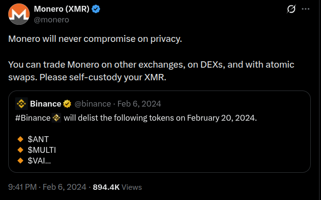 Monero (@monero) responds to Binance's February 2024 delisting announcement with a defiant message asserting "Monero will never compromise on privacy," directing users to trade XMR on DEXs, other exchanges, or via atomic swaps while emphasizing self-custody—a defiant stance against centralized exchange pressure that has since become iconic in the crypto community.