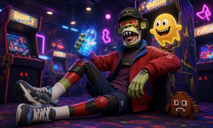 Vibrant digital artwork featuring a zombie-like character with a green face, sharp teeth, and red sunglasses sitting in a retro arcade while holding a glowing energy drink, with a small pixelated creature nearby.