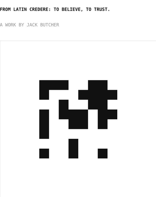 A minimalist artwork by Jack Butcher referencing the Latin word 'credere' (meaning 'to believe, to trust'), featuring abstract black geometric pixel-like shapes on a white background.
