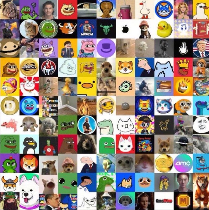 A grid of various internet memes and cryptocurrency-related icons, such as Doge, Pepe the Frog, and various animal characters, representing the colorful landscape of "memecoins." This collection serves as a nostalgic visual reference to previous periods of high volatility and popularity in the meme-based crypto market.