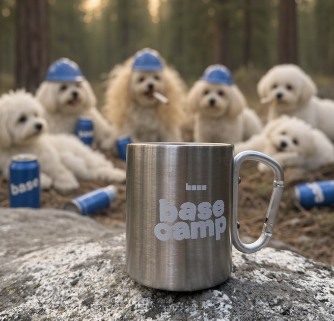 A stainless steel "base camp" mug sits on a rock in the foreground, surrounded by fluffy white dogs wearing blue party hats in a forest setting, with blue cans scattered around—playfully illustrating the "camping trip" vibe club gathering promised in the post.