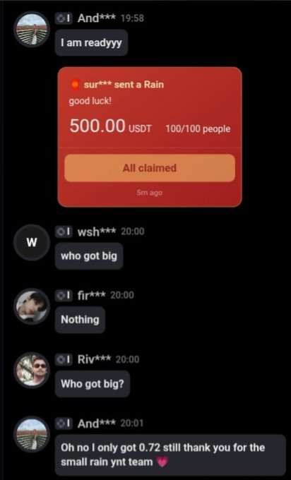 A screenshot of a chat conversation showing a 'Rain' distribution of 500.00 USDT to 100/100 people, marked as 'All claimed', with users discussing whether anyone 'got big' and one noting they only received 0.72.