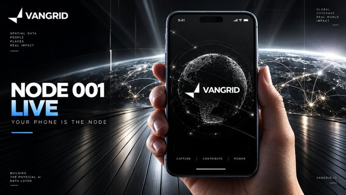 VANGRID promotional banner reading 'NODE 001 LIVE: YOUR PHONE IS THE NODE' with a smartphone displaying the app.