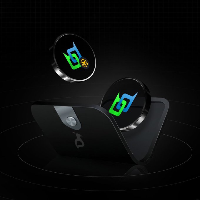 A 3D render on a dark background shows two circular discs with blue and green stylized logos, positioned near a black stand or device.
