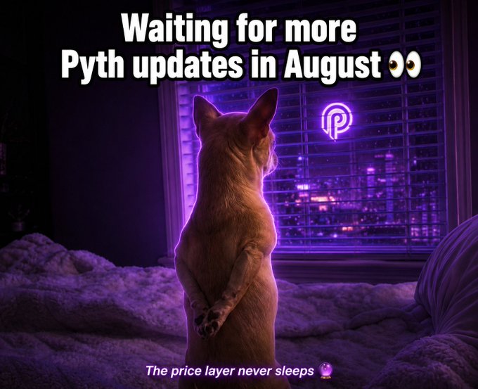 A meme of an orange cat sitting on a bed looking out a window at a neon purple Pyth logo, with text reading 'Waiting for more Pyth updates in August' and 'The price layer never sleeps.'