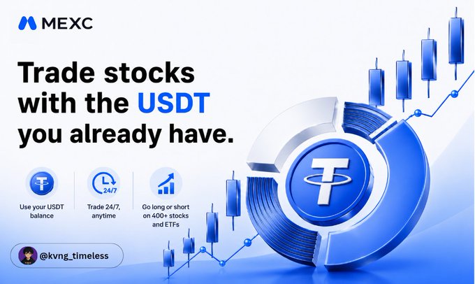 A MEXC promotional banner reading 'Trade stocks with the USDT you already have' with features 'Use your USDT balance', 'Trade 24/7 anytime', and 'Go long or short on 400+ stocks and ETFs', credited to @kvng_timeless.