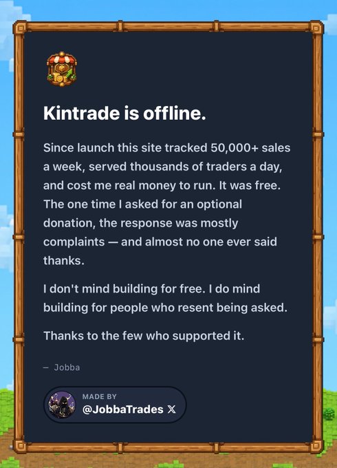 A pixel-art style notice on a bamboo-framed dark blue background featuring a green character in a red cap, announcing that "Kintrade is offline." The message from Jobba explains the site tracked 50,000+ weekly sales but was taken down after requesting optional donations received mostly complaints, ending with thanks to supporters and credit to "@JobbaTrades X."