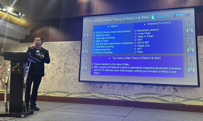 A man speaks at a podium during Agents Day at TOKEN2049, presenting a slide titled "The Grand Unified Theory of Web3.0 & Web3" which outlines his vision integrating Data3.0 (including SOLID/Social Linked Data, DID, and Federated Learning) with Fin3.0 (including Blockchain protocol, DeFi, and NFTs) — concepts he calls "LingoAI and MetaLife social" to unify Web3.0 and Web3.
