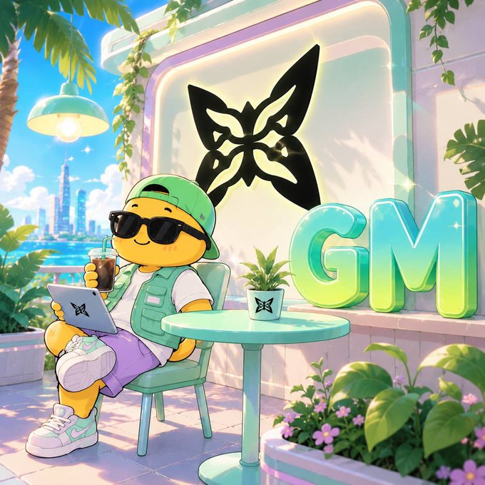 An animated illustration of a yellow mascot character wearing a green cap and sunglasses, sitting at a café table with a laptop, next to a 'GM' display.