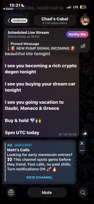 A screenshot of a Telegram channel called 'Chad's Cabal' showing a scheduled live stream pinned message with crypto hype text about becoming rich, buying a dream car, and vacationing in Daubi, Monaco & Greece.