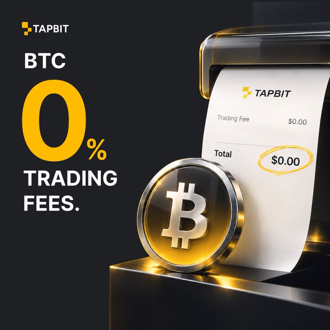 A TAPBIT advertisement promoting 'BTC 0% TRADING FEES' in large yellow text, showing a Bitcoin coin next to a receipt displaying a $0.00 total trading fee.