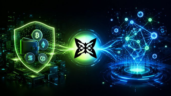 A digital graphic showing cryptocurrency icons including Bitcoin, Ethereum, and Solana on a shield alongside a butterfly logo and a network node visualization.