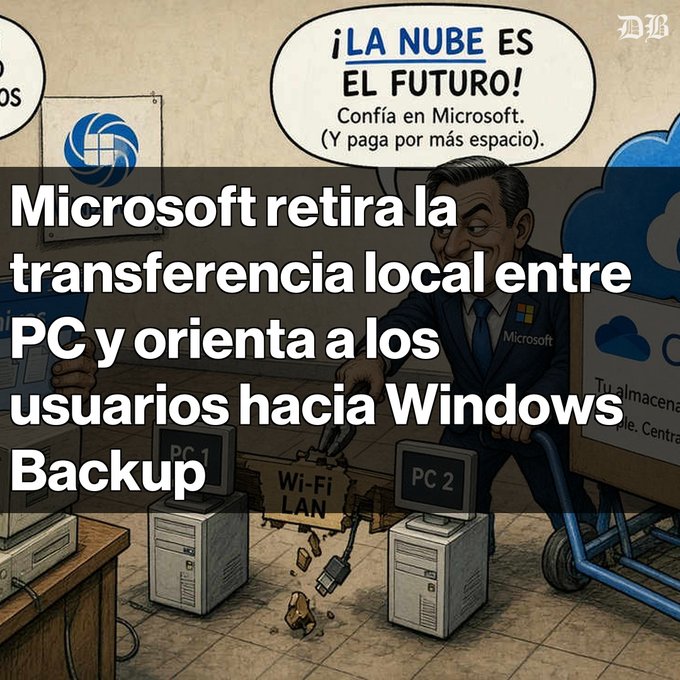 The image is a political cartoon depicting a Microsoft executive breaking the physical cable connection between two computers, PC 1 and PC 2, symbolizing the removal of local file transfers. The large text overlay states "Microsoft retira la transferencia local entre PC y orienta a los usuarios hacia Windows Backup" (Microsoft removes local transfer between PCs and directs users to Windows Backup), while a speech bubble mocks the shift to cloud storage with "¡LA NUBE ES EL FUTURO! Confía en Microsoft. (Y paga por más espacio)."
