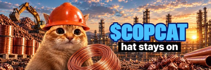 The banner shows a determined orange cat wearing a red hard hat in front of an industrial copper refinery at sunset, accompanied by the text "$COPCAT - hat stays on." This image reflects the Solana token's mascot, a tough feline fitting for a copper-themed crypto, as shared by the Moby community member.