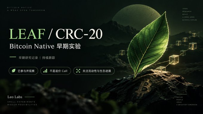 A promotional graphic for 'LEAF / CRC-20' by 'Leo Labs' advertising a Bitcoin Native early experiment, featuring a green leaf and geometric cube elements with Chinese text '早期研究记录 | 持续跟踪'.