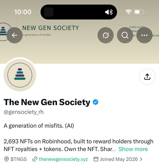 A screenshot of a Twitter/X profile for "The New Gen Society" (@gensoicety_rh), verified, describing itself as "A generation of misfits. (AI)" and mentioning 2,693 NFTs on Robinhood.