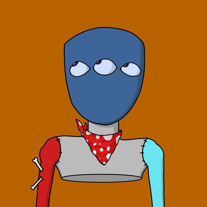 A cartoon character with a blue mask covering its face featuring three eyes, wearing a stitched grey shirt and a red polka dot bandana, with a red arm showing bone.