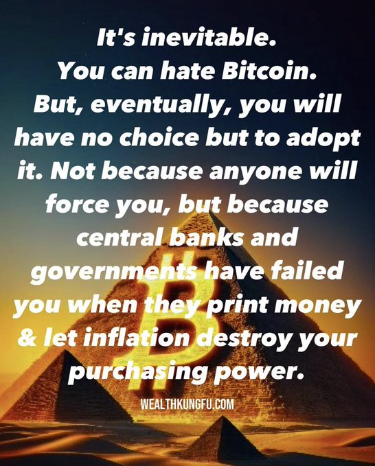 An image of pyramids in a desert with overlaid text promoting Bitcoin as an inevitable alternative to failing central banks due to inflation, credited to wealthkungfu.com.