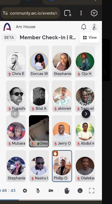 A member check-in interface for 'Arc House' displaying profile photos of attendees including Chris E, Dorcas W, Stephanie, Ojo H, and others, with 48:43 remaining on the timer.