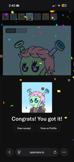 A mobile screenshot from opensea.io showing a celebration animation with confetti for an NFT purchase, displaying a green cartoon character NFT with the message 'Congrats! You got it!'