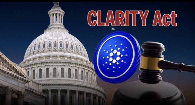 The image features a gavel next to a coin with a blue center and white border, which appears to be a gavel used for a trial or hearing. The background of the image shows a building with a dome, possibly representing the U.S. Capitol in Washington D.C., as well as the words "CLARITY ACT" and "ADA #Cardano".