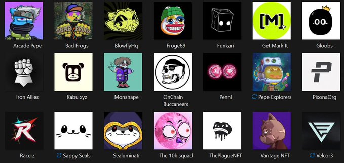 The image displays a grid of 21 NFT collection logos and mascots, including named projects such as Arcade Pepe, Bad Frogs, BlowliyHq, Froge69, Funkari, Get Mark It, Gloobs, Iron Allies, Kabu xyz, Monshape, OnChain Buccaneers, Penni, Pepe Explorers, PixonaOrg, Racerz, Sappy Seals, Sealuminati, The 10k squad, ThePlagueNFT, Vantage NFT, and Velcor3, which represent the partner NFT collections welcomed into the "gKin" community mentioned in the post.