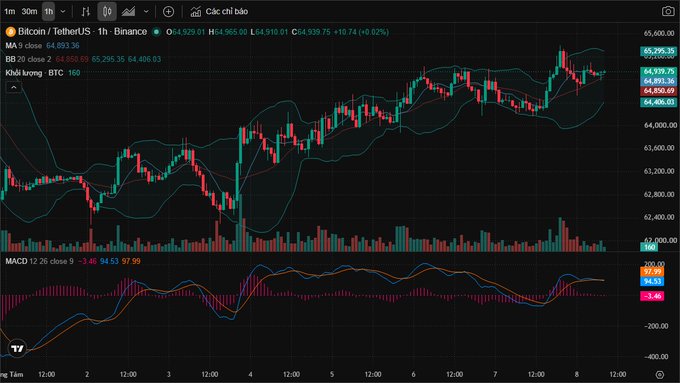 A candlestick chart on TradingView showing Bitcoin/TetherUS (BTC) price on Binance, with price around $64,910, displaying Bollinger Bands and MACD indicators on a 1-hour timeframe.