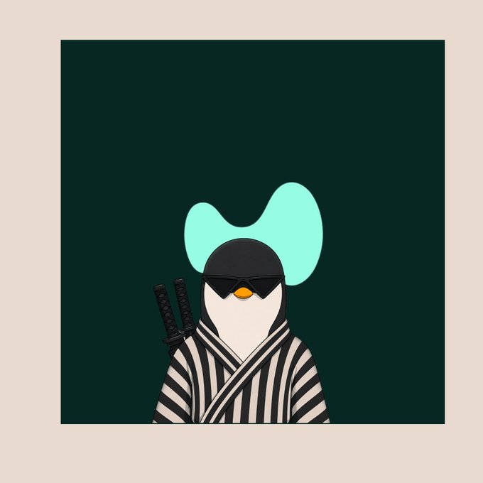 A minimalist digital illustration of a penguin character dressed as a ninja in a black and white striped robe, wearing dark sunglasses, with two katanas strapped to its back, set against a dark green background.