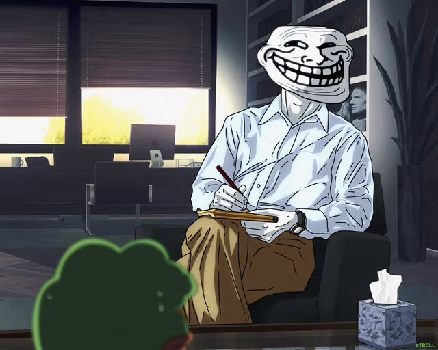 A Trollface meme character, dressed as a psychiatrist with notepad and pen, sits in an office chair across from a green Pepe frog figure, illustrating the "Troll" therapist role guiding the traumatized "Pepe" investor through a post-loss trading session.