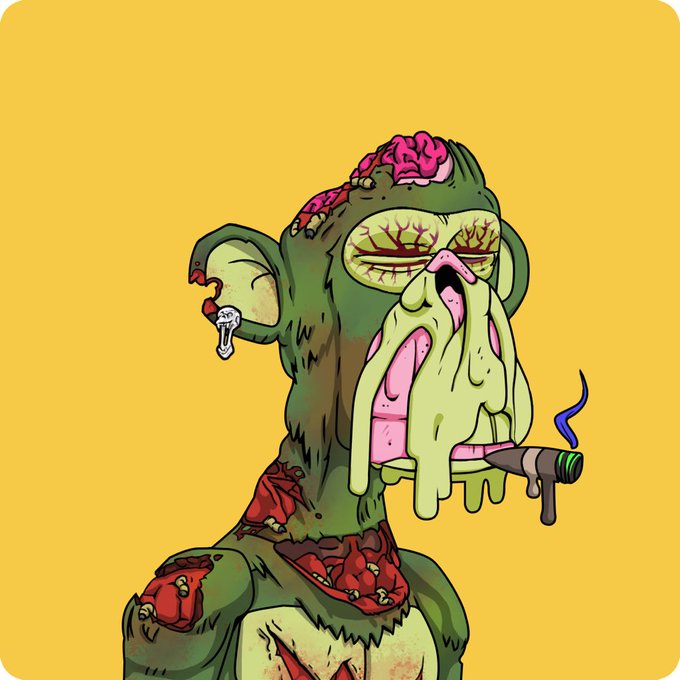 A grotesque, cartoonish zombie-like creature on a yellow background, featuring an exposed brain, bloodshot eyes, drooling mouth, and a smoking cigar.