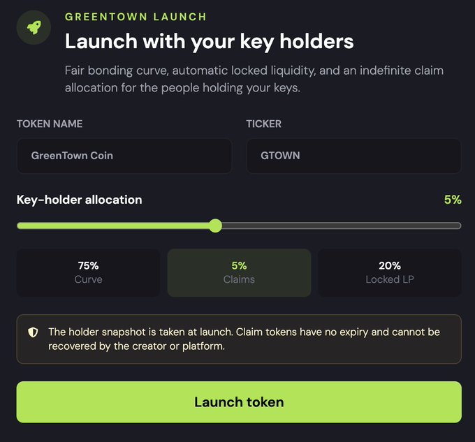The image displays a "Greentown Launch" interface for "GreenTown Coin" (ticker: GTOWN), featuring a key-holder allocation slider set at 5%, alongside distribution percentages of 75% Curve, 5% Claims, and 20% Locked LP, with a "Launch token" button at the bottom—aligning with the post's promotion of Robintown as a fair, user-friendly token launch platform on Robinhood App.