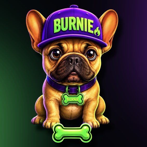 A digital illustration of a French bulldog wearing a purple cap that says 'BURNIE' with a matching collar tag, sitting above a glowing green bone against a dark background.