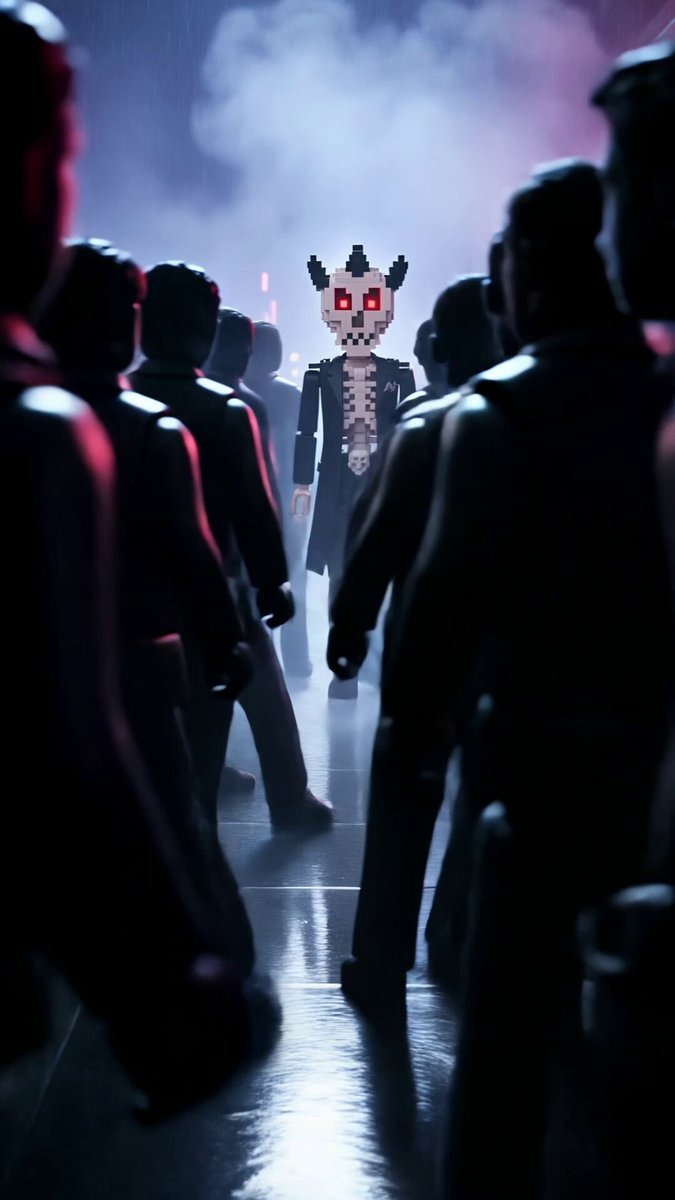 The image features a group of people walking down a hallway or street, with one person wearing a skeleton costume as they walk by. The skeleton costume has red eyes and a crown, making them stand out from the rest of the crowd. The focus on this individual in the center of the scene highlights their unique appearance and draws attention to the fact that they are not just another person walking down the street but rather a character designed for a costume party or event.