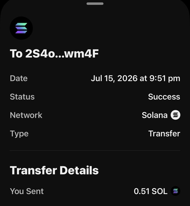 The image shows a successful Solana transaction confirmation for a transfer of 0.51 SOL sent to address "2S4o...wm4F" on July 15, 2026, serving as proof of the $40 giveaway payment referenced in the post.