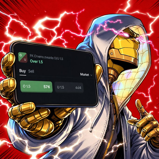 A stylized illustration of a cyborg in a blue hoodie holding a smartphone that displays a betting market for 'FK Crvena zvezda O/U 1.5 Over 1.5' against a red, lightning-filled background.