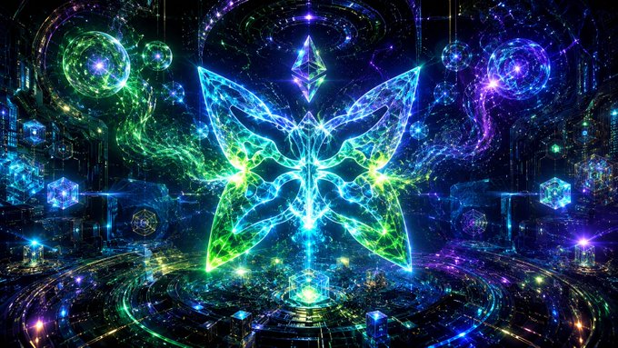 The image features an abstract art piece with a large, colorful butterfly-like shape at its center surrounded by various other shapes and designs. The butterfly appears to be glowing green and blue, creating a sense of movement and energy within the composition. The background is dark and filled with stars and circles, adding depth and complexity to the overall design. The image also contains text that reads "imagine explaining this to someone in 2015: I minted a free NFT on Ethereum that uses randomness generated by a real quantum computer". This suggests that the butterfly-like shape might be related to blockchain technology or digital art, possibly incorporating elements of cryptocurrency or virtual reality.