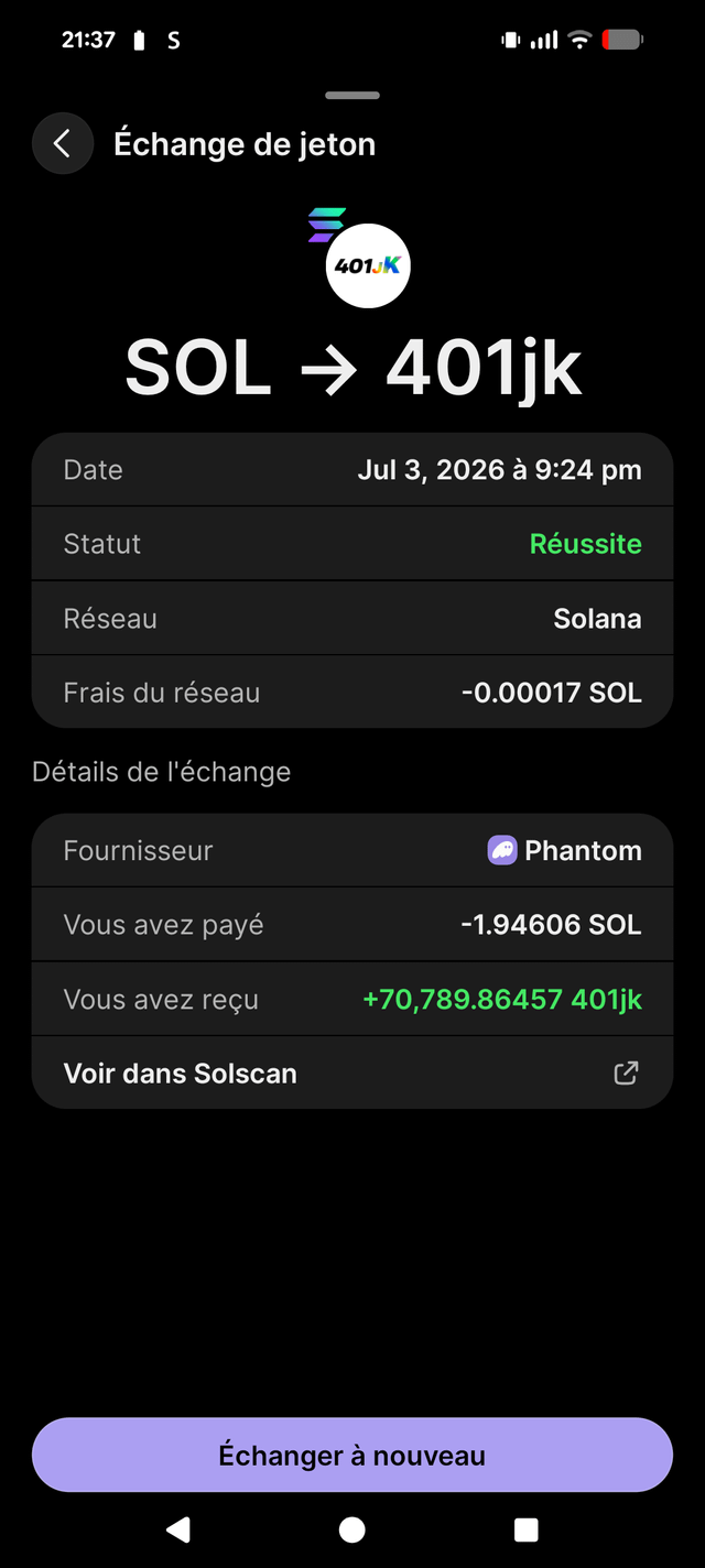 The image shows a successful token swap confirmation screen in French ("Échange de jeton") for exchanging SOL to 401JK, with 1.94606 SOL spent to receive 70,789.86457 401jk tokens on July 3, 2026, via the Phantom wallet on the Solana network—directly illustrating the "small DCA of 401JK" mentioned in the post to kick off July.