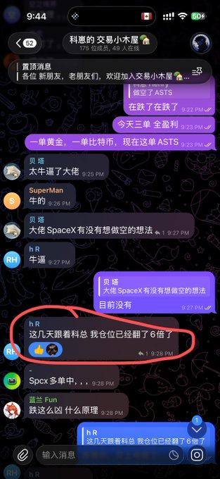 The image shows a screenshot from a Chinese Telegram group chat called "科恩的交易小屋" (Coin's Trading Cabin) with 179 members, featuring bullish messages about ASTS stock and a circled message from user "hR" proudly stating "这几天跟着科恩总 我仓位已经翻了6倍了" (Following Boss Coin these past few days, my position has already multiplied 6x). The post relates to the image as it highlights how the chat members are profiting by following the blogger's trades, specifically referencing the ASTS ticker and the 6x returns claim visible in the highlighted message.