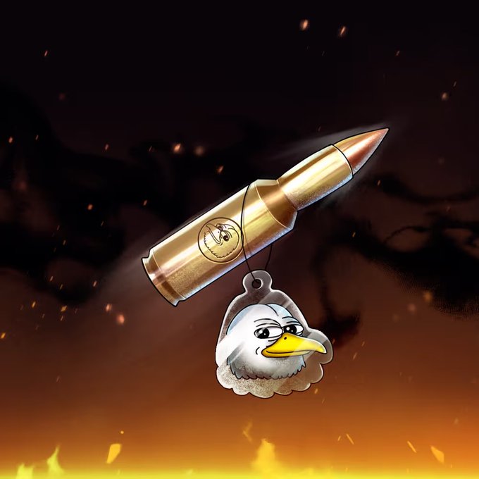 A bullet pierced through an eagle head, with an Abe NFT coin attached—reflecting an aggressive mint despite trading just above mint price.