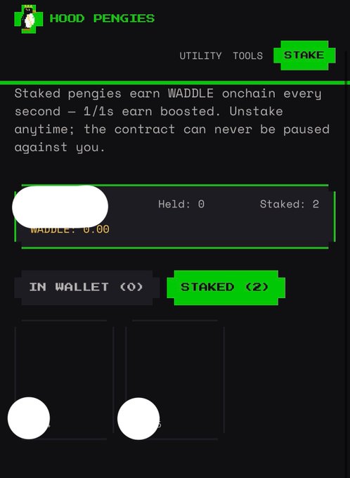 A dark-themed web interface titled "HOOD PENGIES" for staking utility tools, showing a user with "Held: 0" and "Staked: 2" items, and WADDLE balance of 0.00.