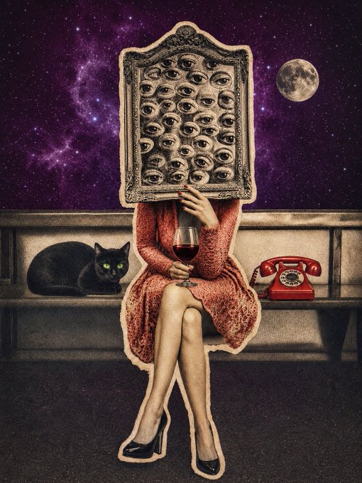 A surreal collage depicts a woman in a red dress holding a wine glass, with a frame of eyes in place of her head, accompanied by a black cat, a red telephone, and a purple starry sky with a moon.
